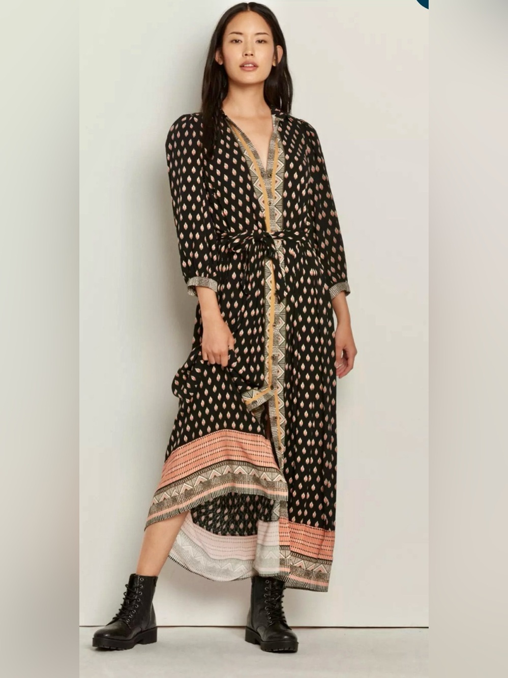 Anthropologie Maeve Bridgette Black Maxi Shirt Dress With Blush and Cream